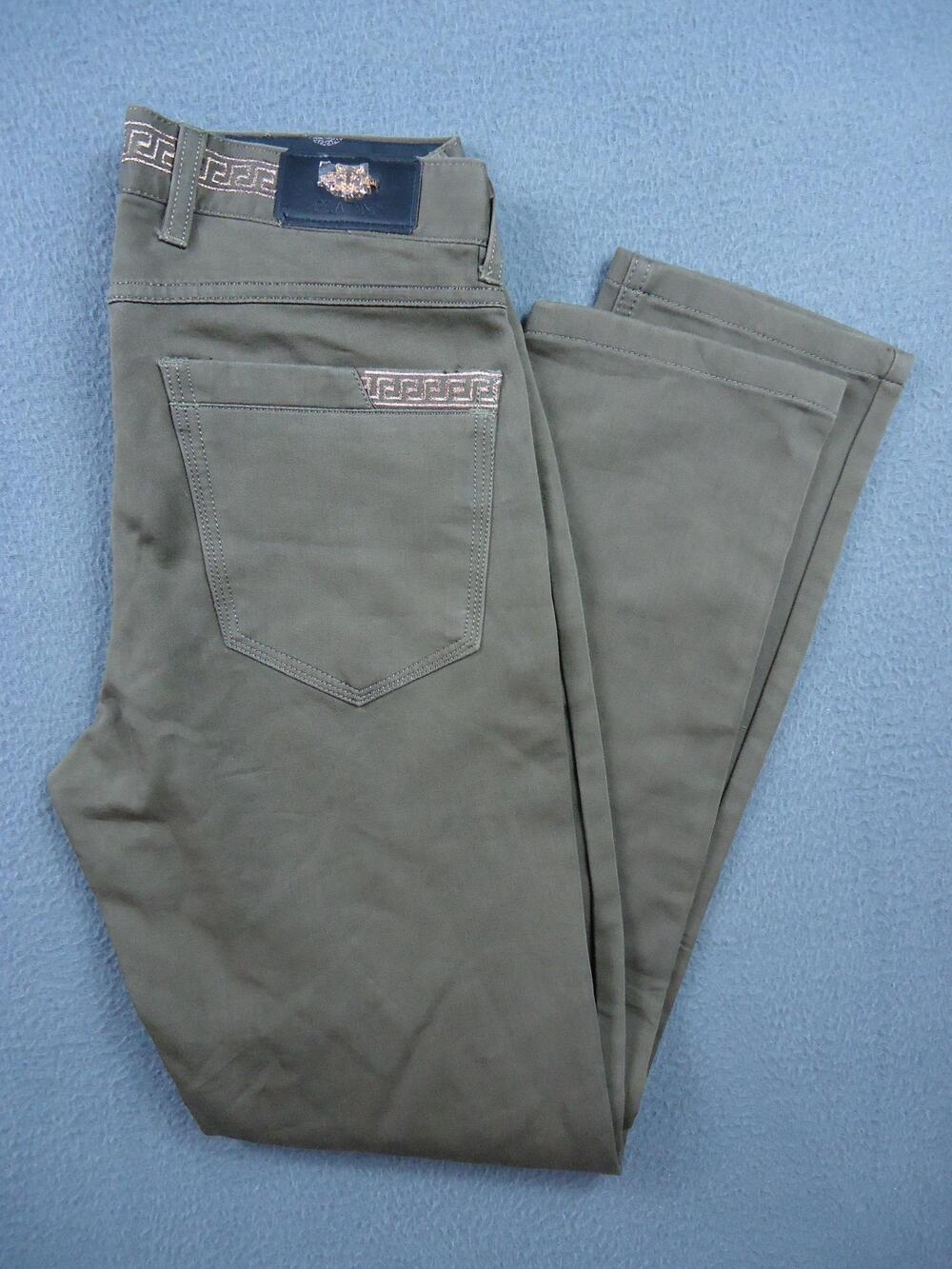 Platini Pants Mens 30x30 Olive Low Slim Fit Modern Stretch Designer Embroidered
